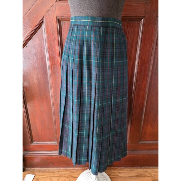 Vintage JG Hook Green & Navy Tartan Plaid Wool Pleated Skirt Petite 6 - Picture 1 of 7